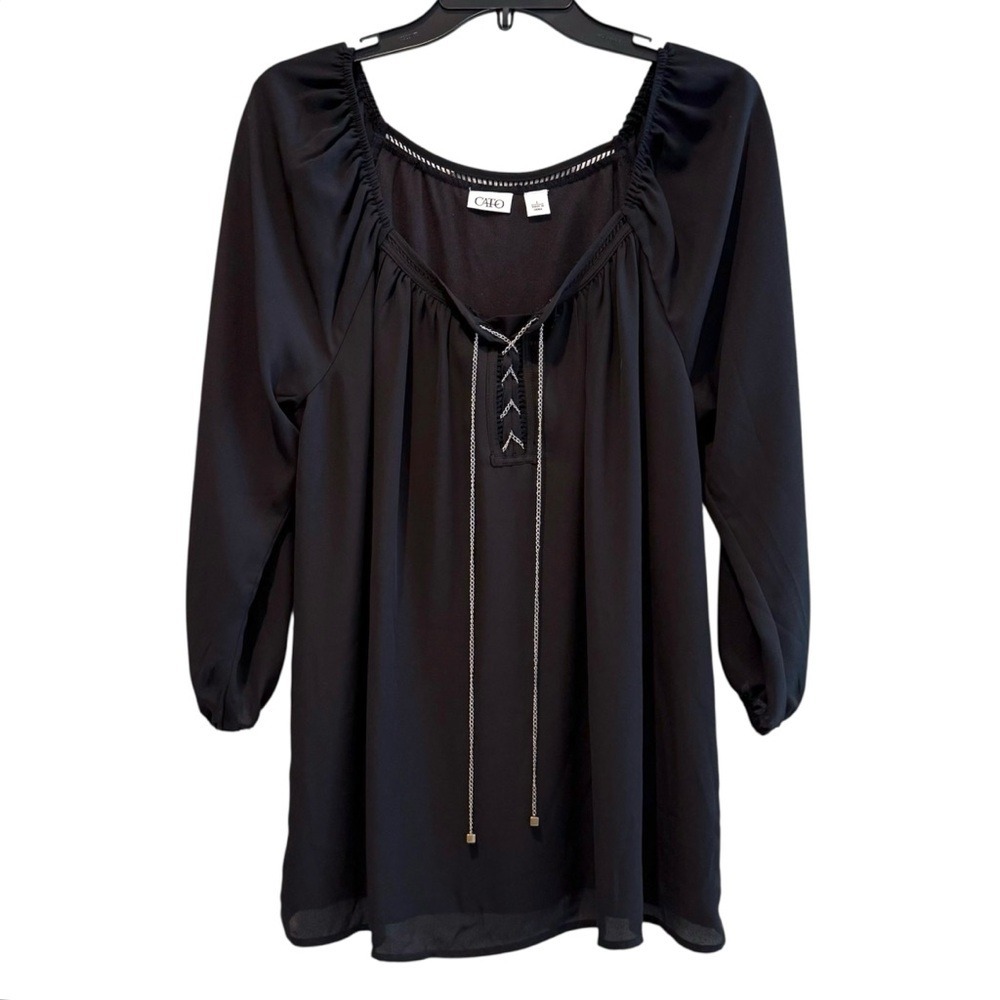 Cato Black Long Sleeve Boho Sheer‎ Chain Detail V-Neck Neck Tunic Top L